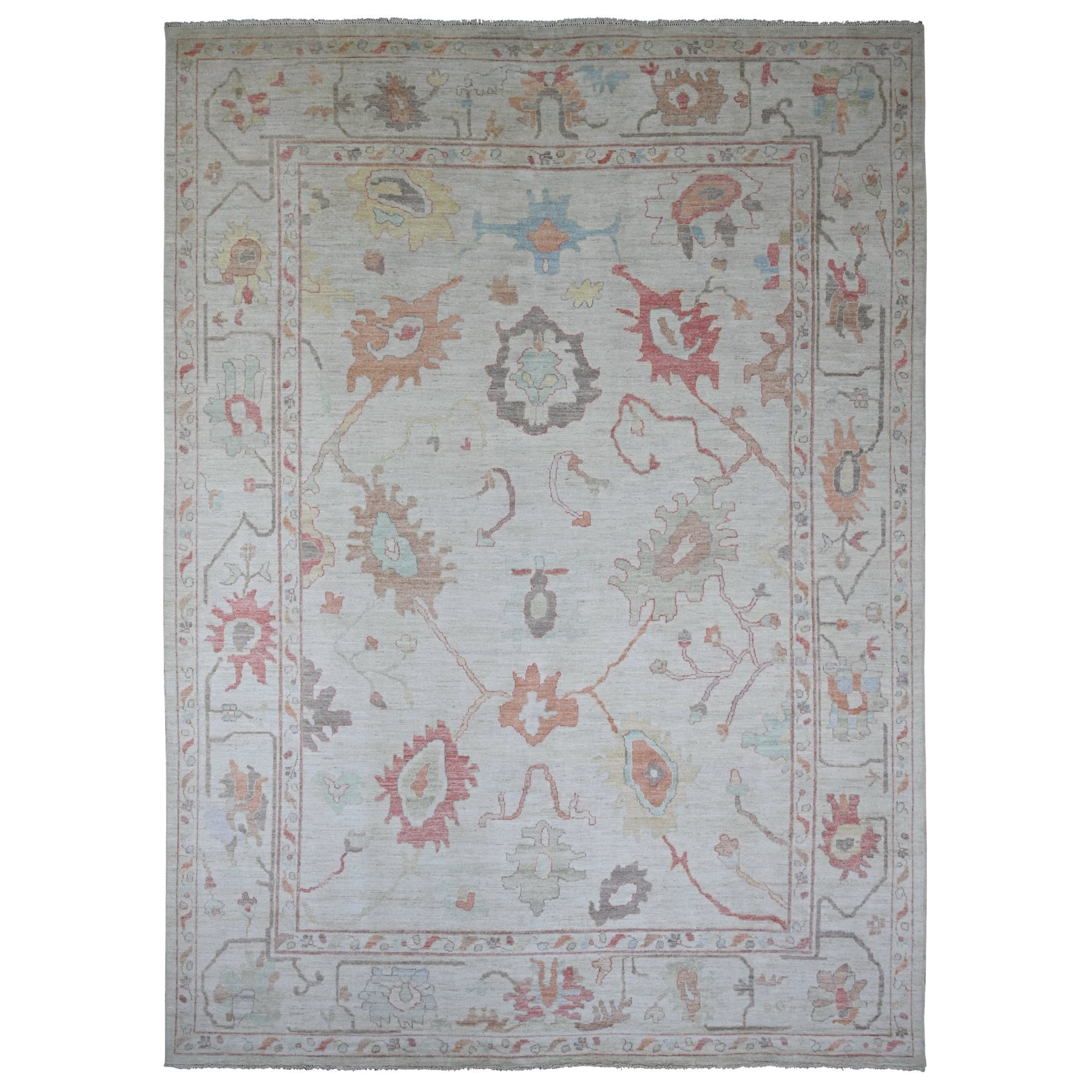 Linen White, Hand Knotted, Afghan Angora Oushak with All Over Leaf Design, 100% Wool, Vegetable Dyes, Oriental Rug
